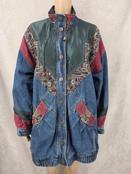 Current Seen Jackets & Blazers - Vintage Denim Blue Jean Oversized Jacket Aztec Tapestry Corduroy Patchwork
